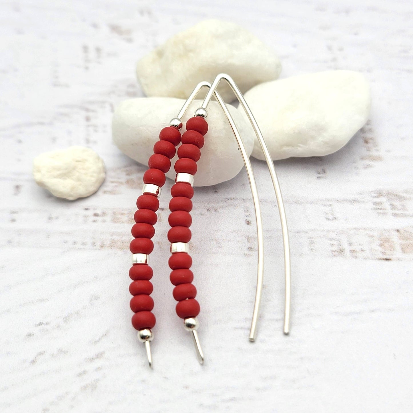 Red & Silver Beaded Silver Threader Earrings