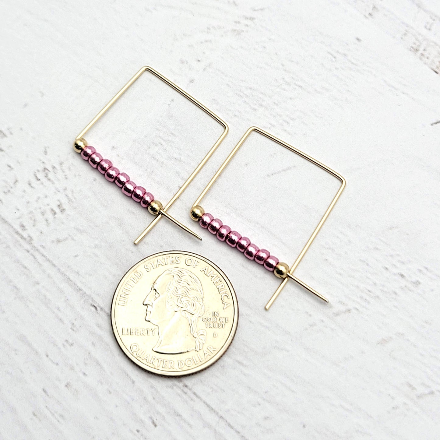 Gold Square Threader Hoops with Metallic Pink Beads