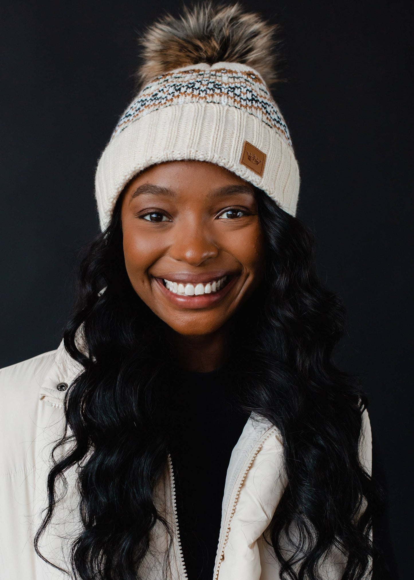 Cream, Black & Camel Patterned Pom Hat