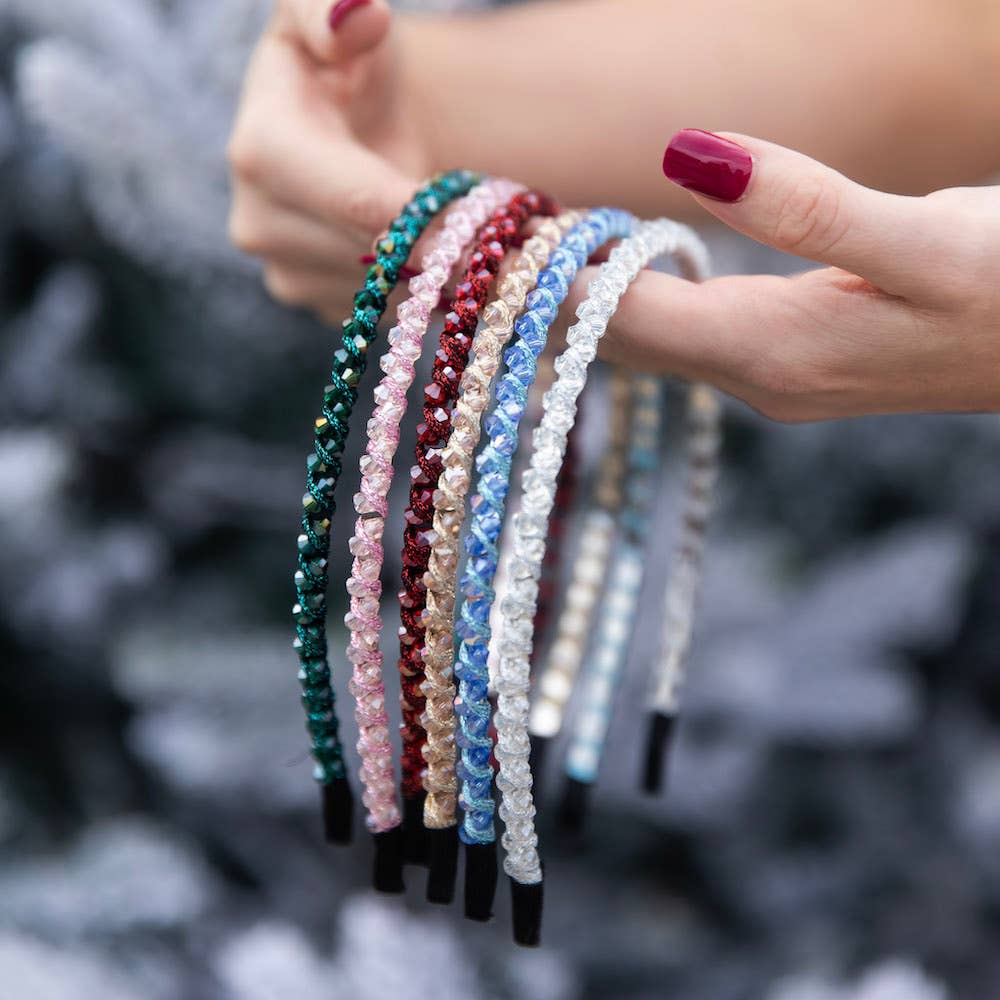 Thin Beaded Headband Set - Gold + Pink