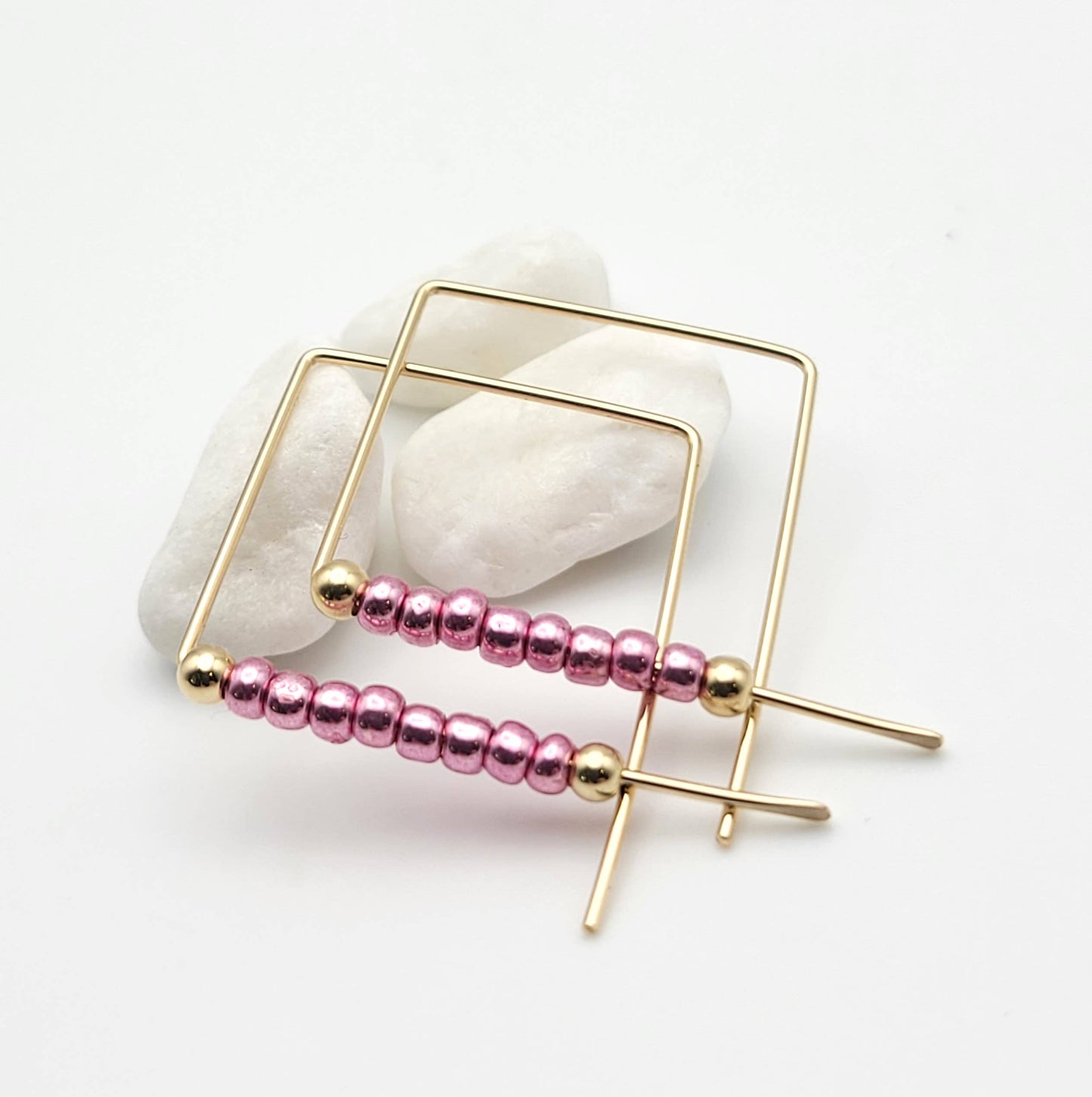 Gold Square Threader Hoops with Metallic Pink Beads