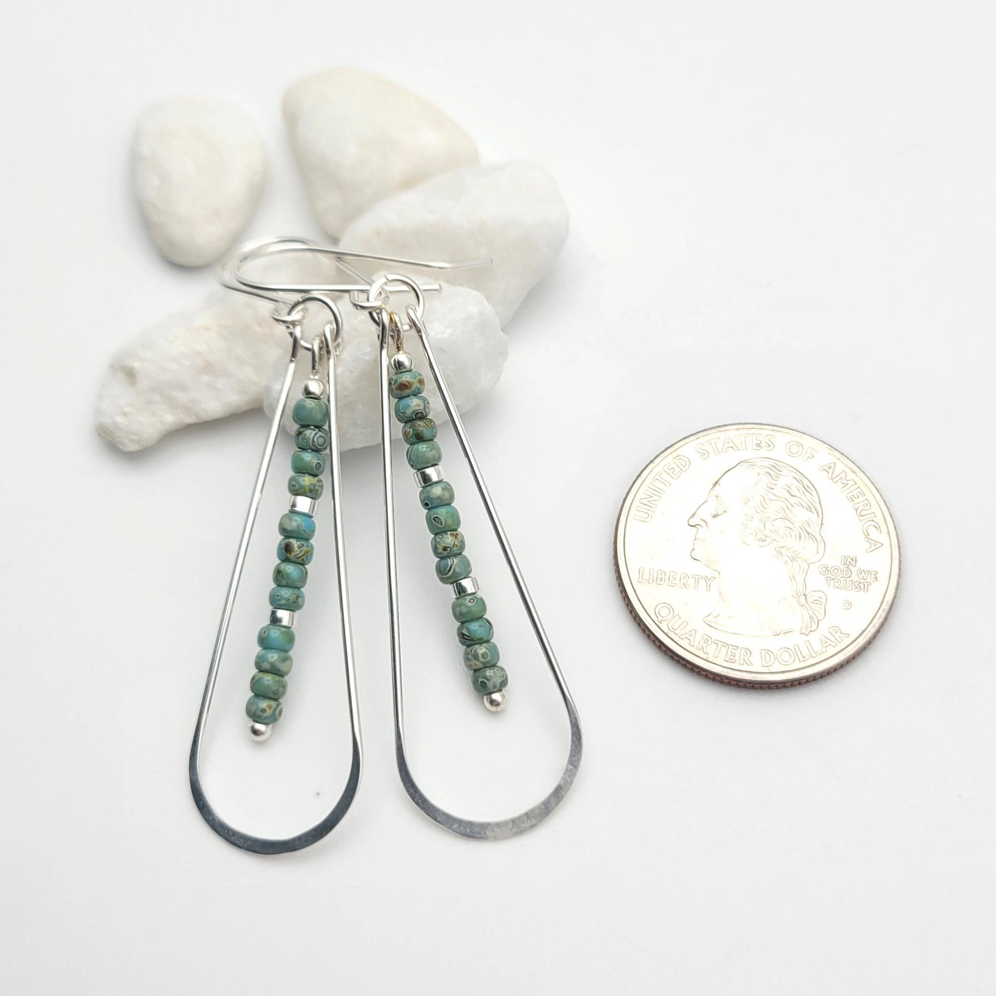 Long Silver Hoop Earrings with light Turquoise Beads