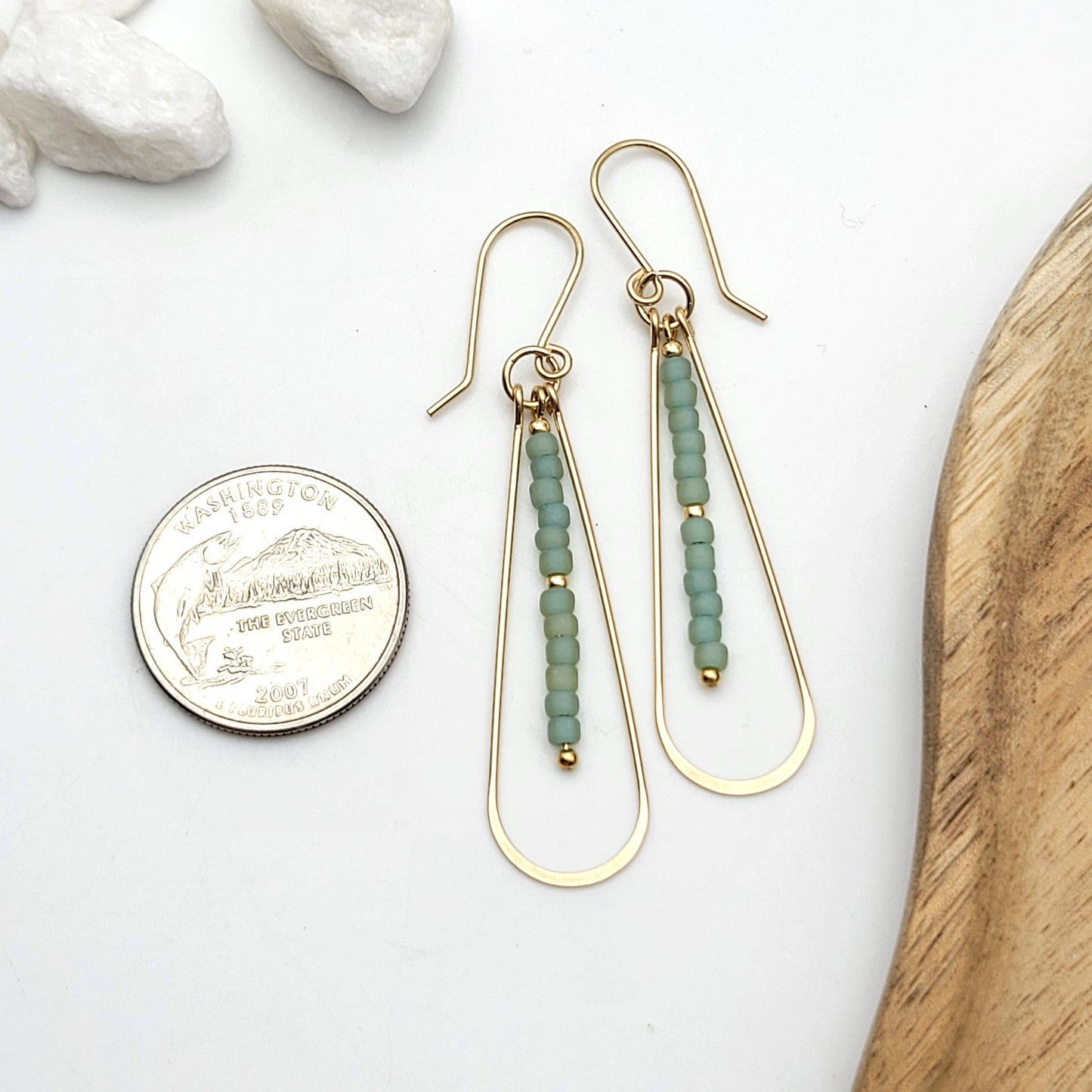 Long 14k Gold Filled Hoop Earrings with Sea Glass Green Bead