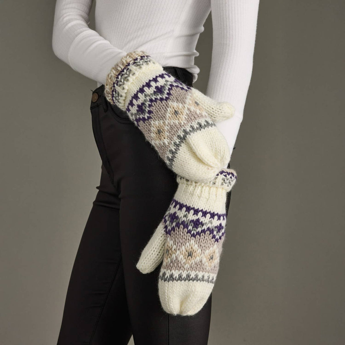 Ivory, Purple & Taupe Patterned Mittens