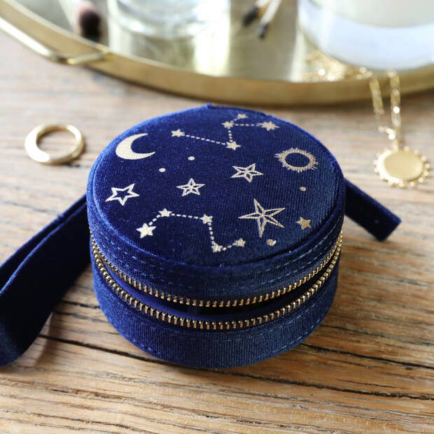 Starry Night Printed Velvet Round Jewellery Case in Navy