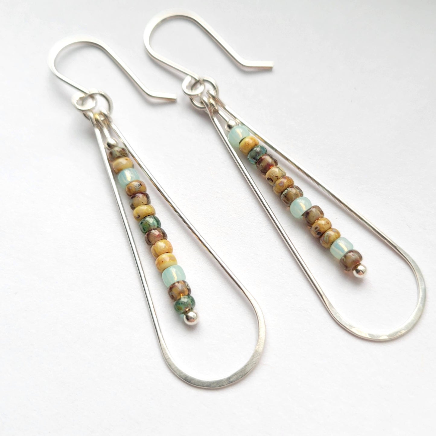 Long Silver Hoop Earrings with Multi Colored Beads