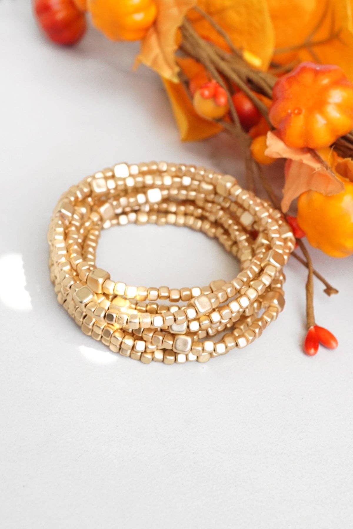 Beaded bracelets set golden stretchy