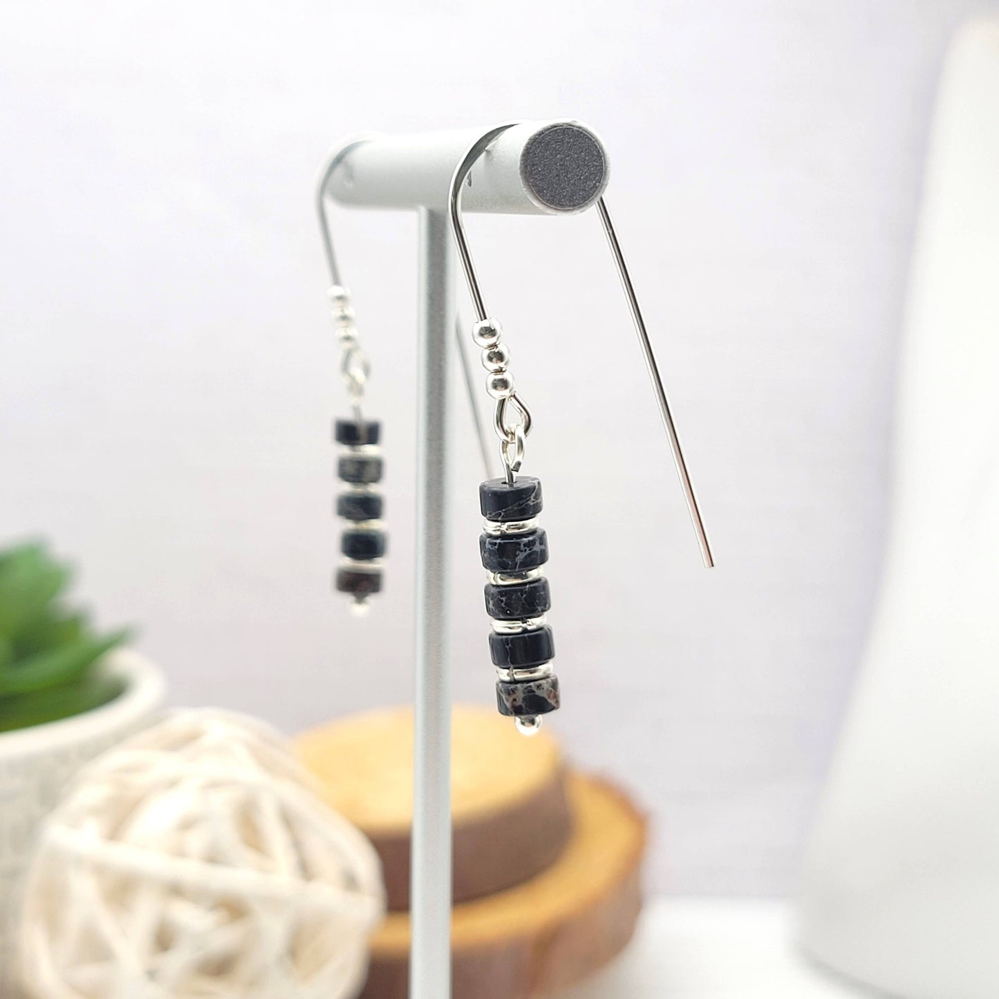 Black Jasper and Silver Dangle Earrings