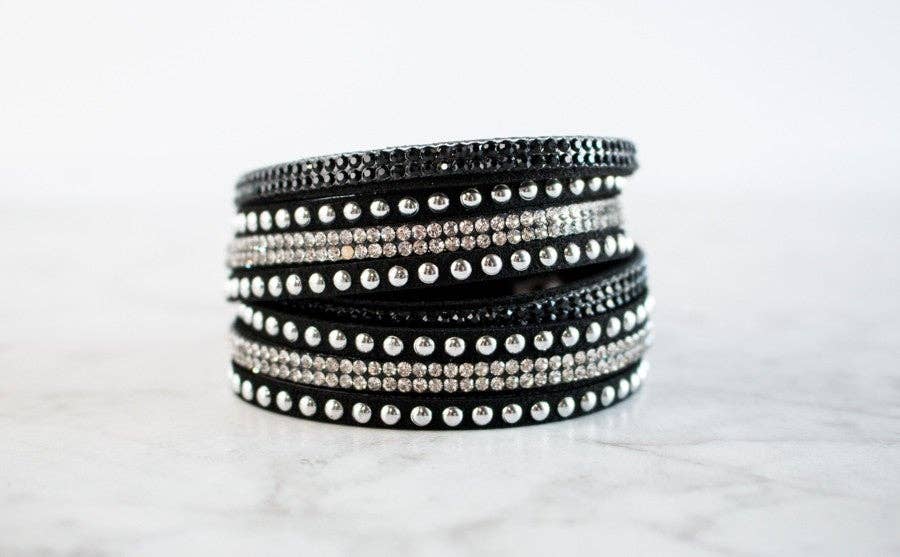 Josie Crystal & Silver Studded Leather Wrap Bracelet