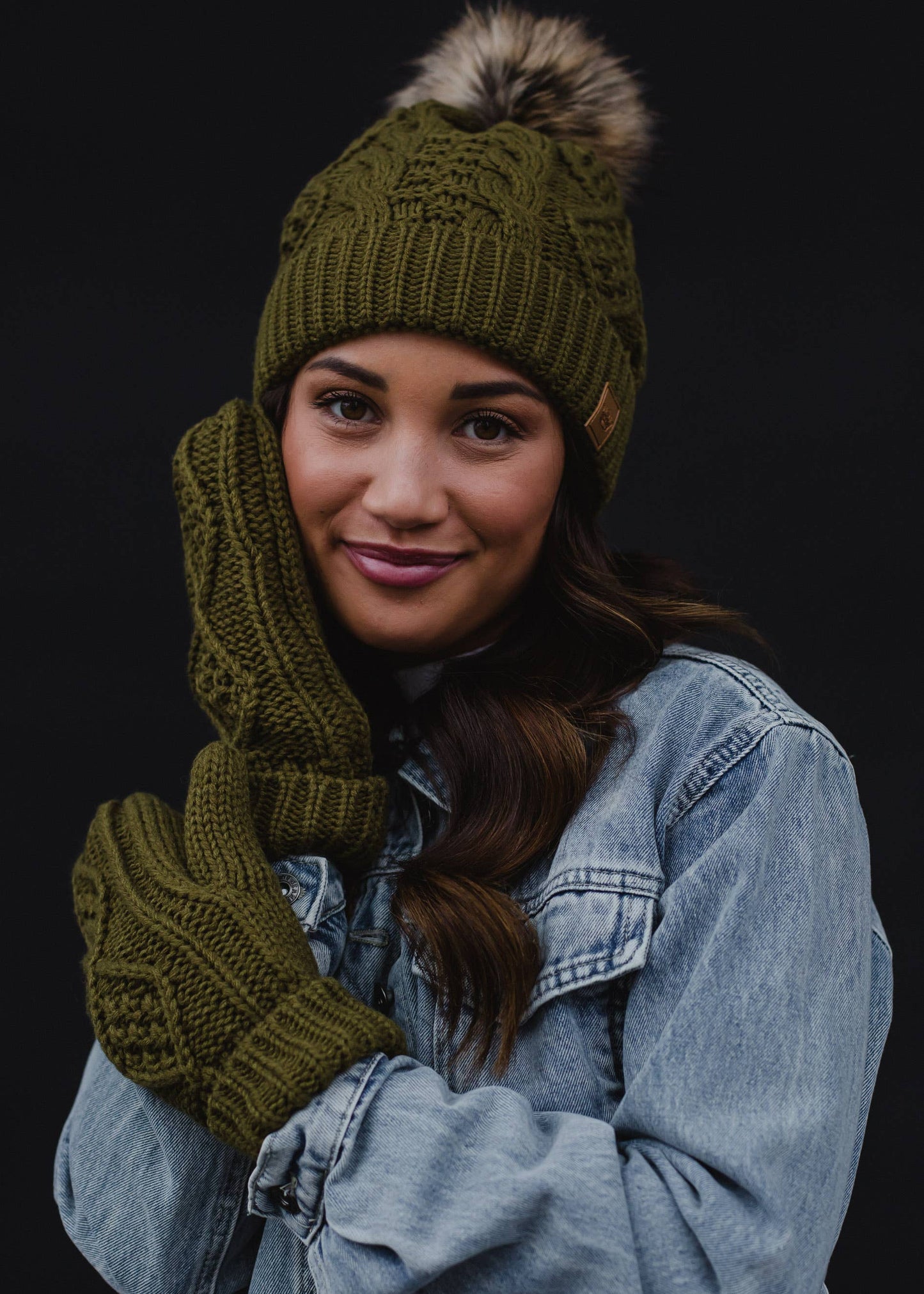 Muted Olive Cable Knit Pom Hat