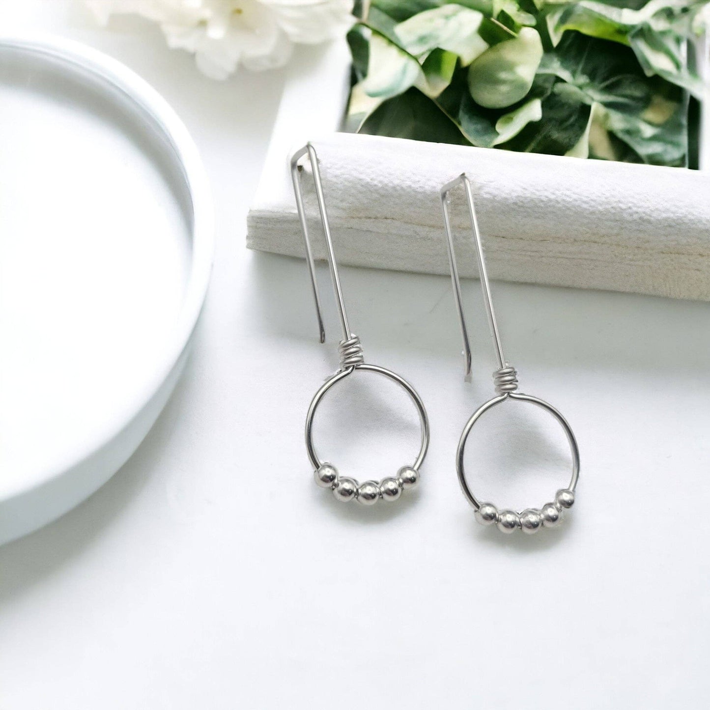 Sterling Silver Beaded Hoop Threader Earrings
