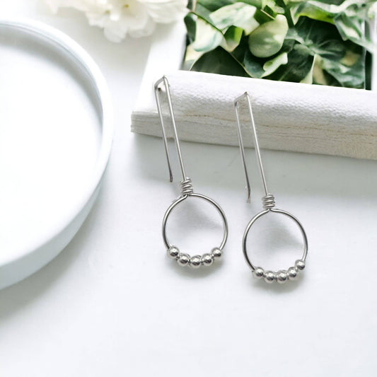 Sterling Silver Beaded Hoop Threader Earrings