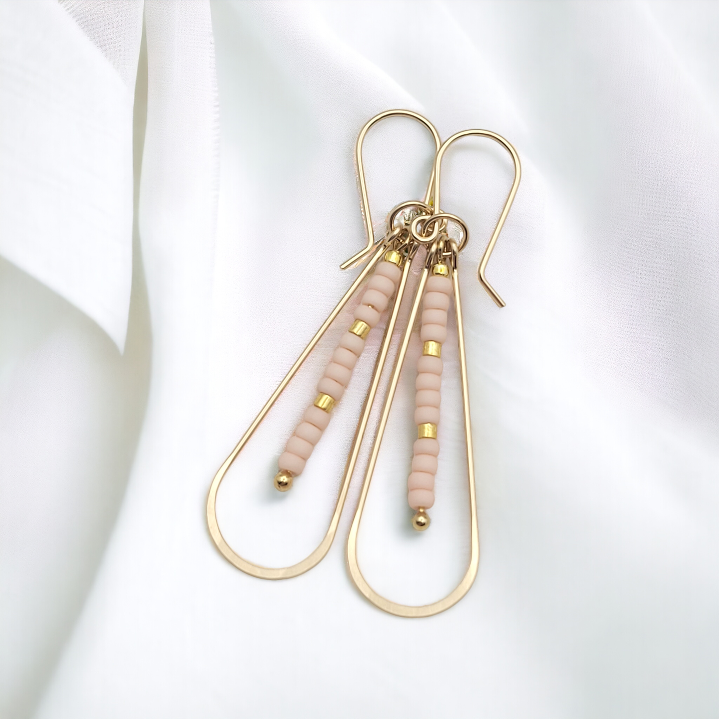 Long Gold Teardrop Hoop Earrings with Pale Pink Seed Beads