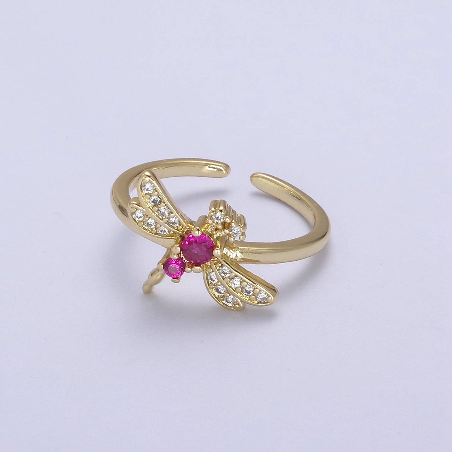 Elegant Fuchsia CZ Stone Dragonfly Gold Minimalist Ring