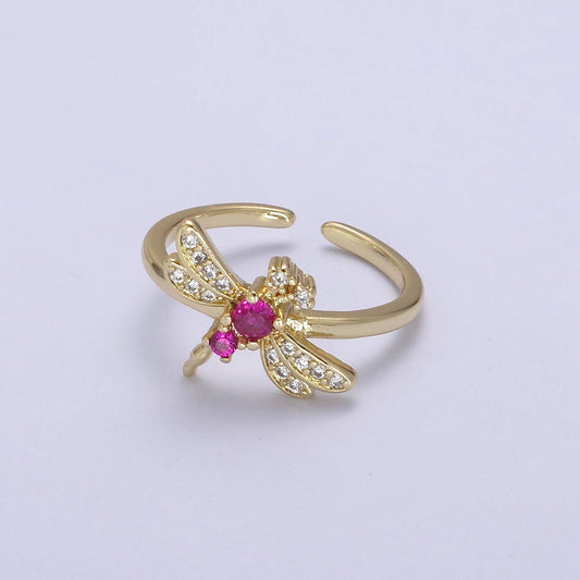 Elegant Fuchsia CZ Stone Dragonfly Gold Minimalist Ring