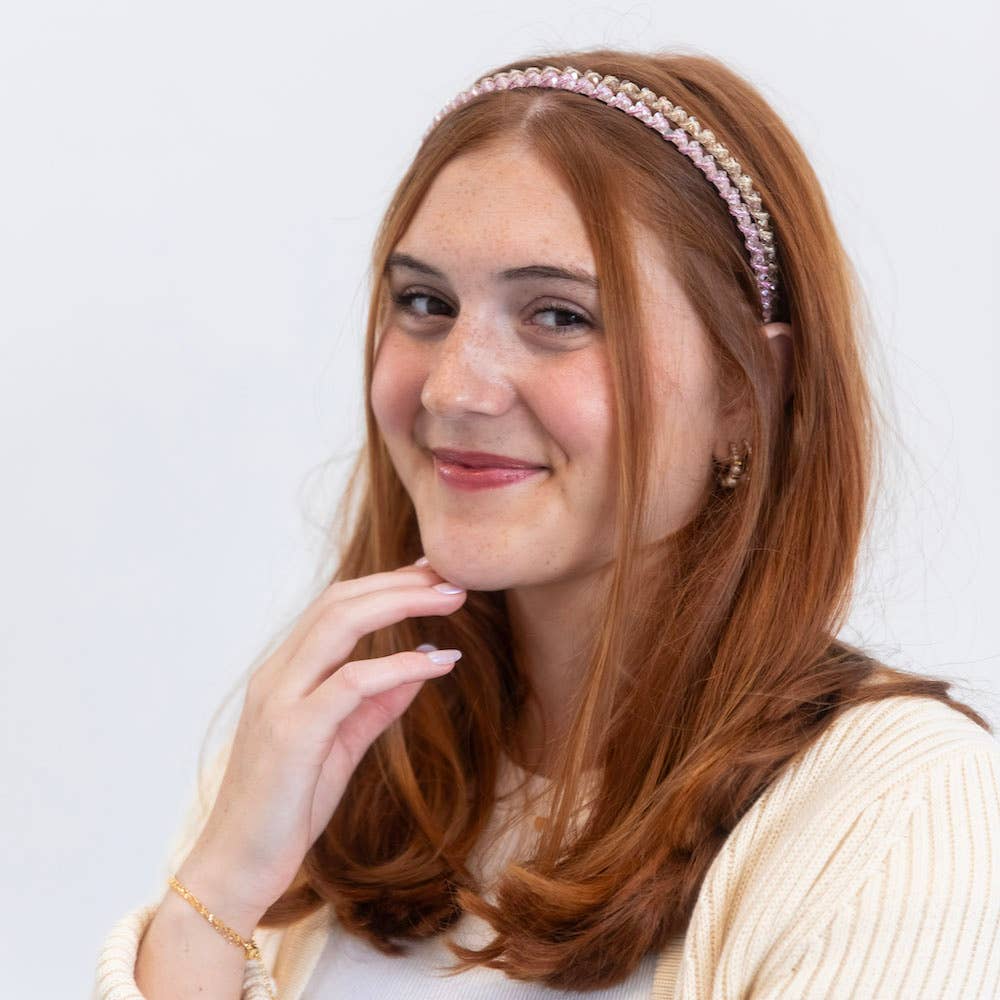 Thin Beaded Headband Set - Gold + Pink