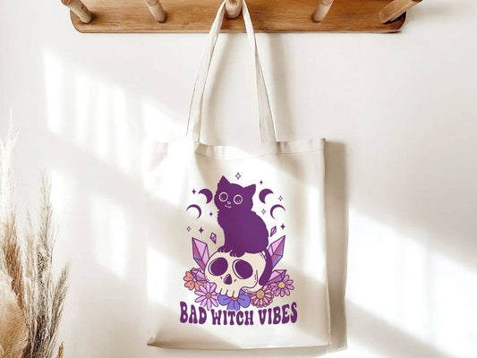 Bad Witch Vibes Cat Halloween Canvas Tote Bag