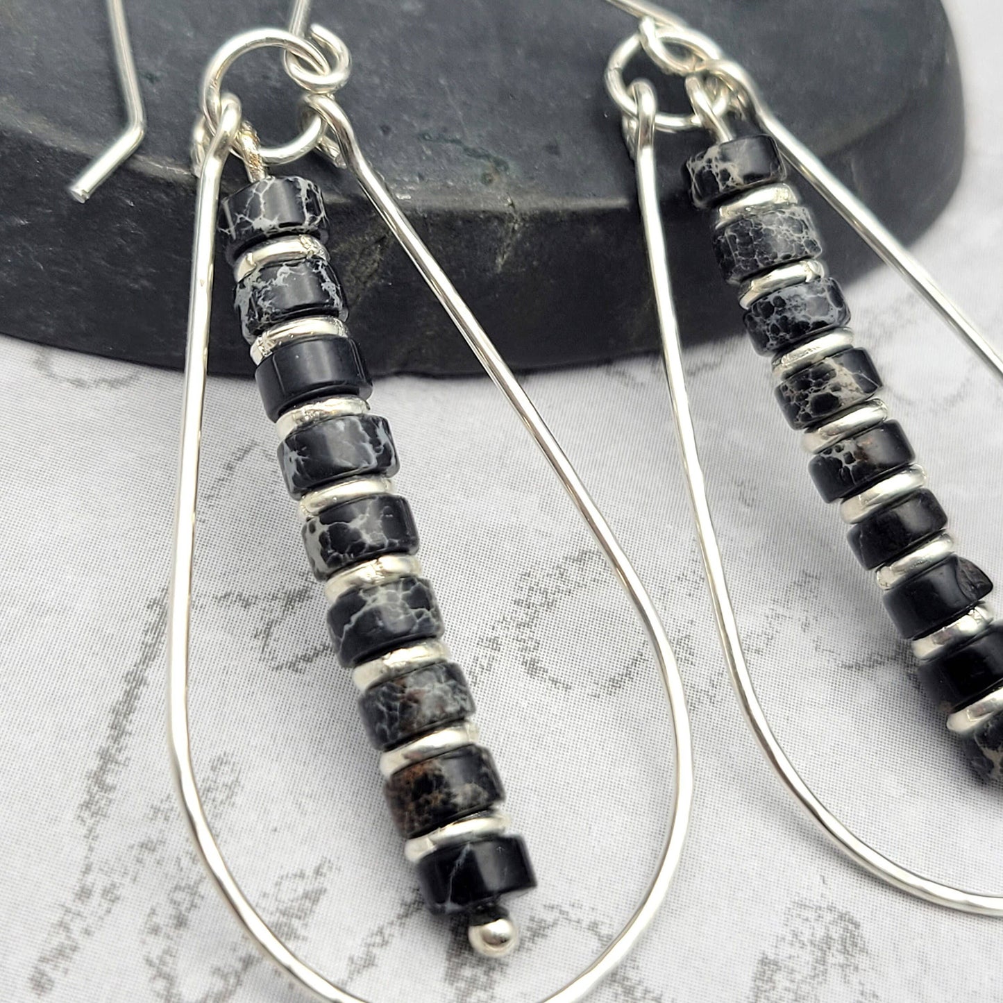 Black Jasper and Silver Teardrop Hoop Earrings