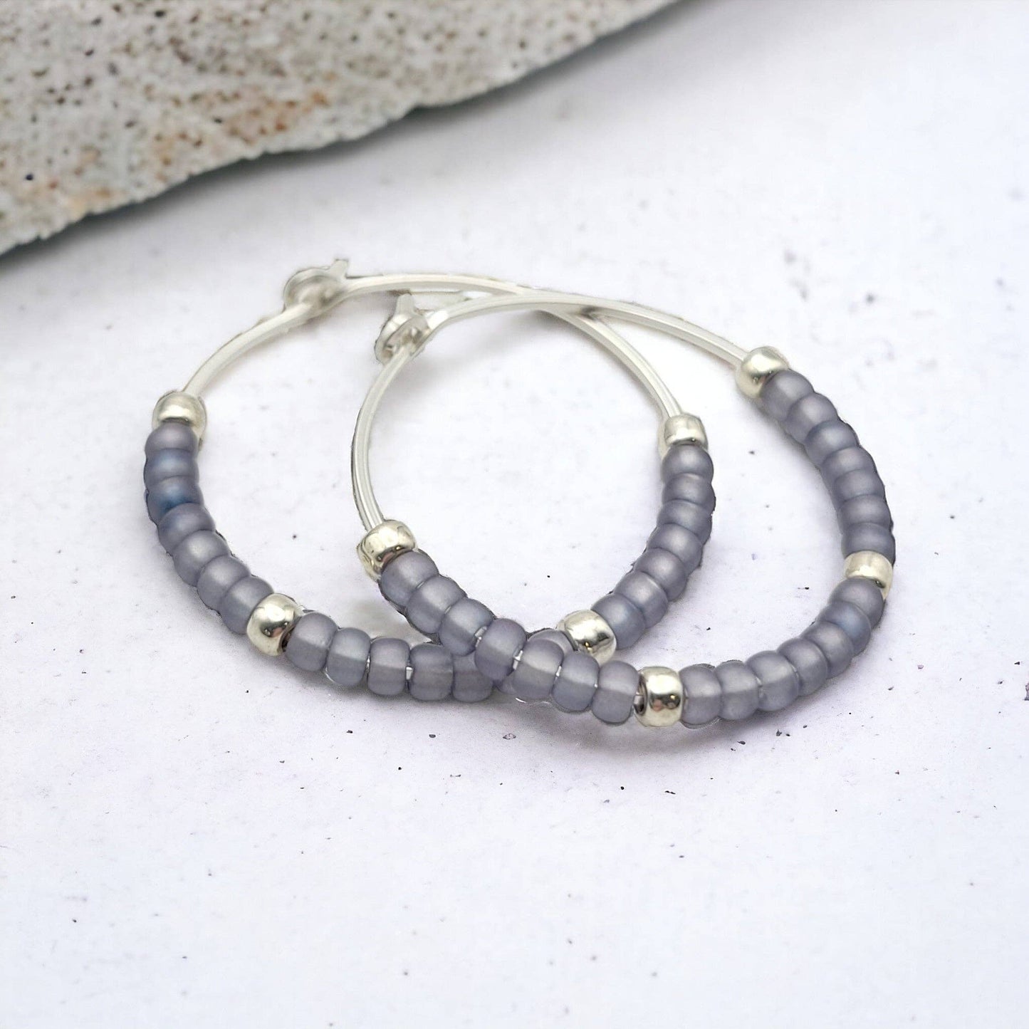 Spring Sterling Silver Hoop Earrings with Purple Seed Beads