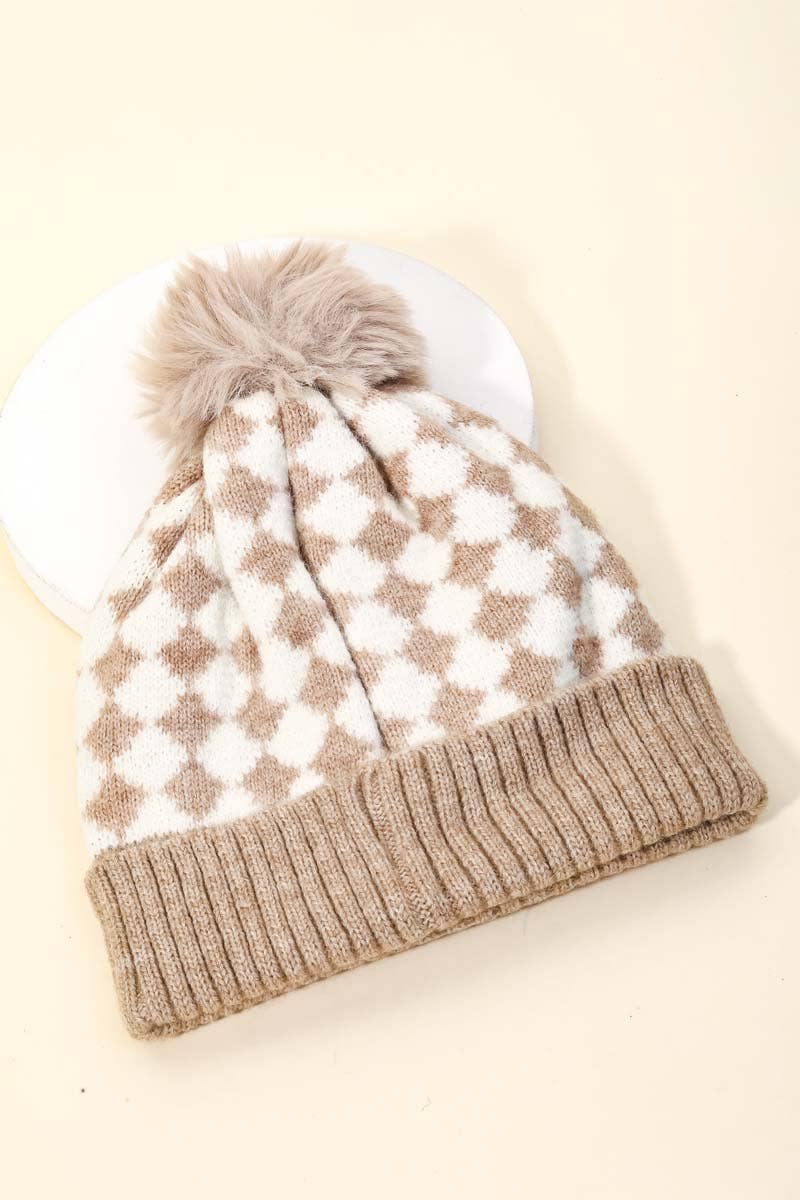 Checkered Pattern Pom Beanie