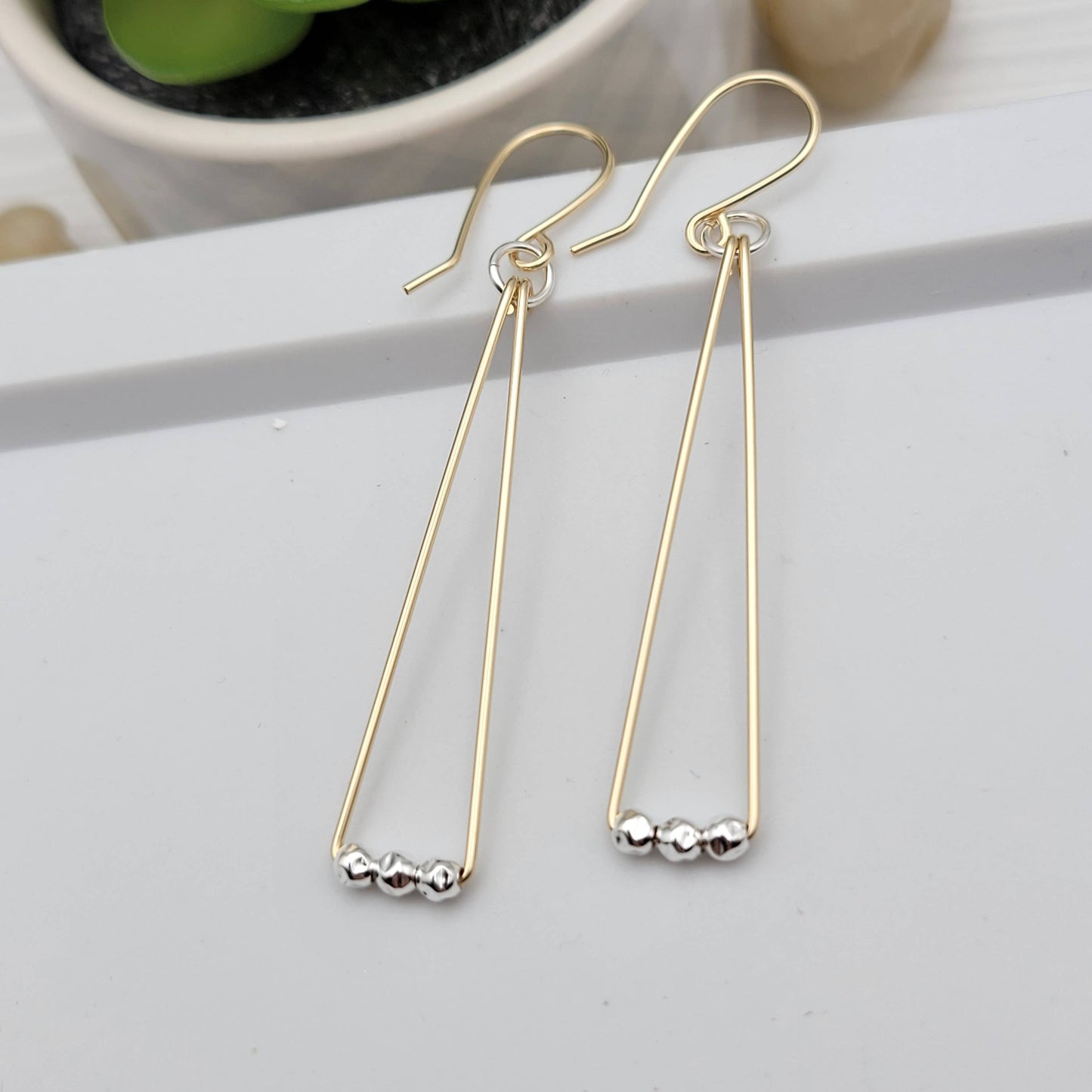 14k Gold Geometric Triangle & Sterling Silver Earrings