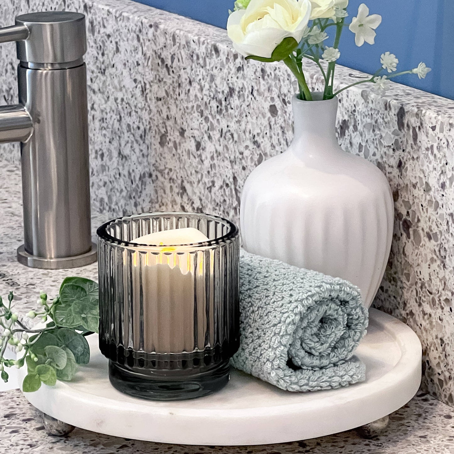 Ribbed Smoke Gray Glass Votive Candle Holder