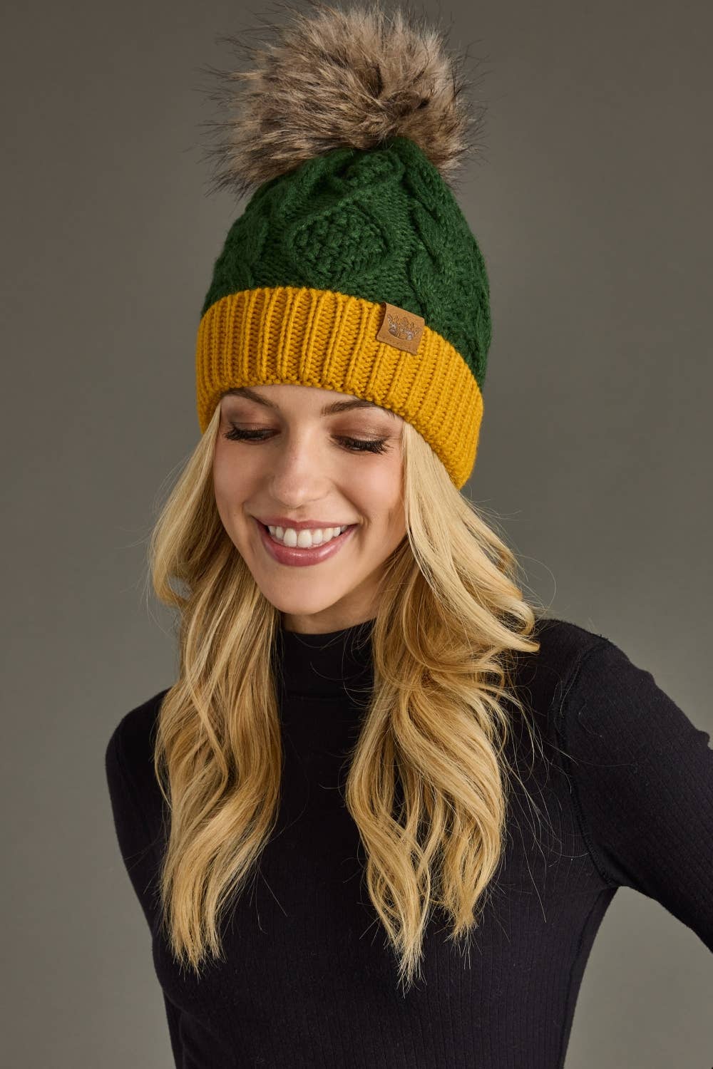 Green & Gold Trim Cable Knit Pom Hat