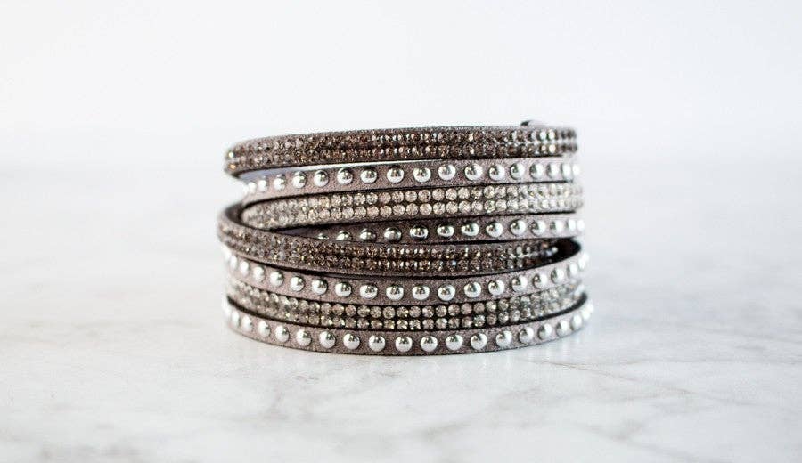 Josie Crystal & Silver Studded Leather Wrap Bracelet