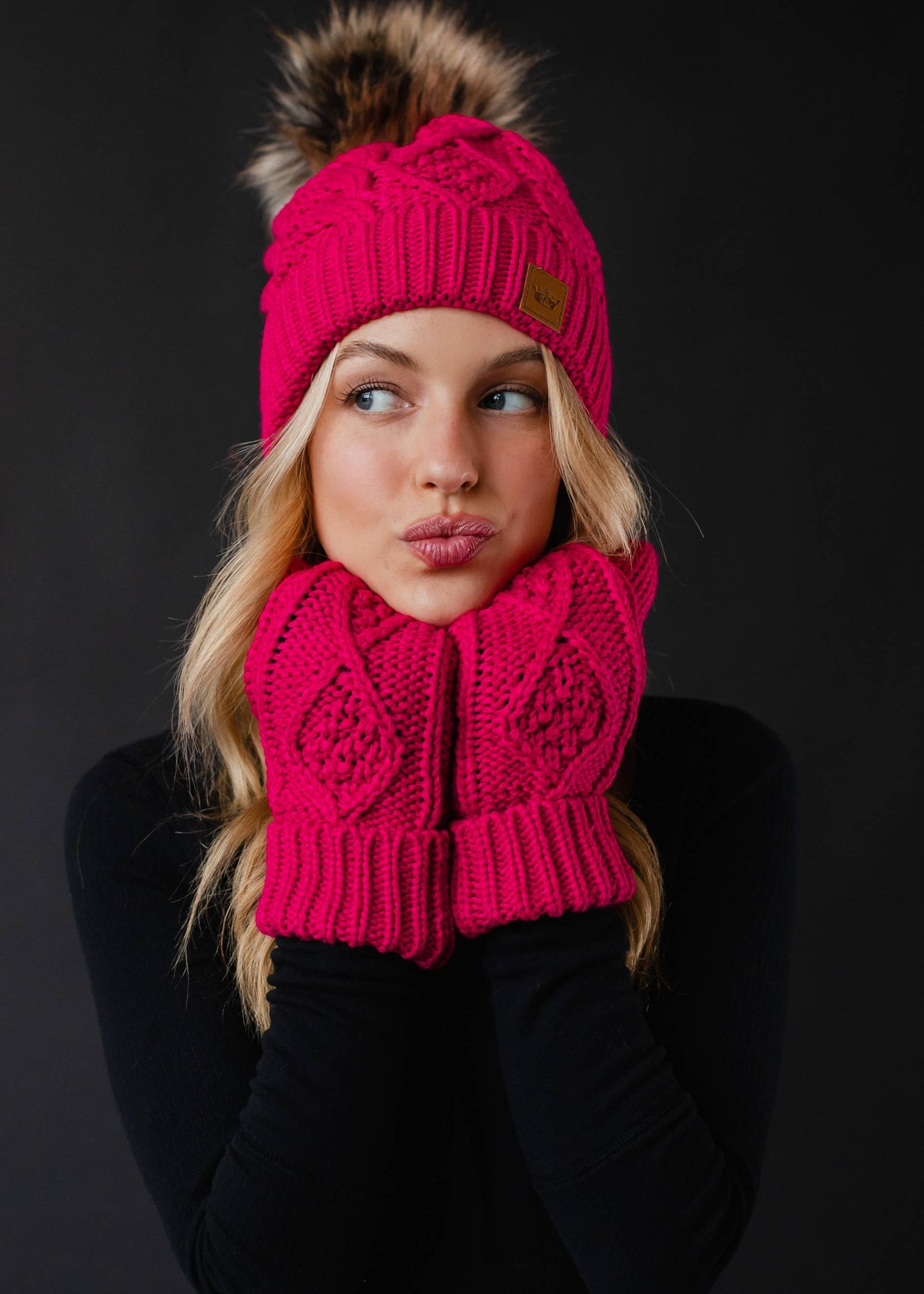 Bright Pink Cable Knit Mittens