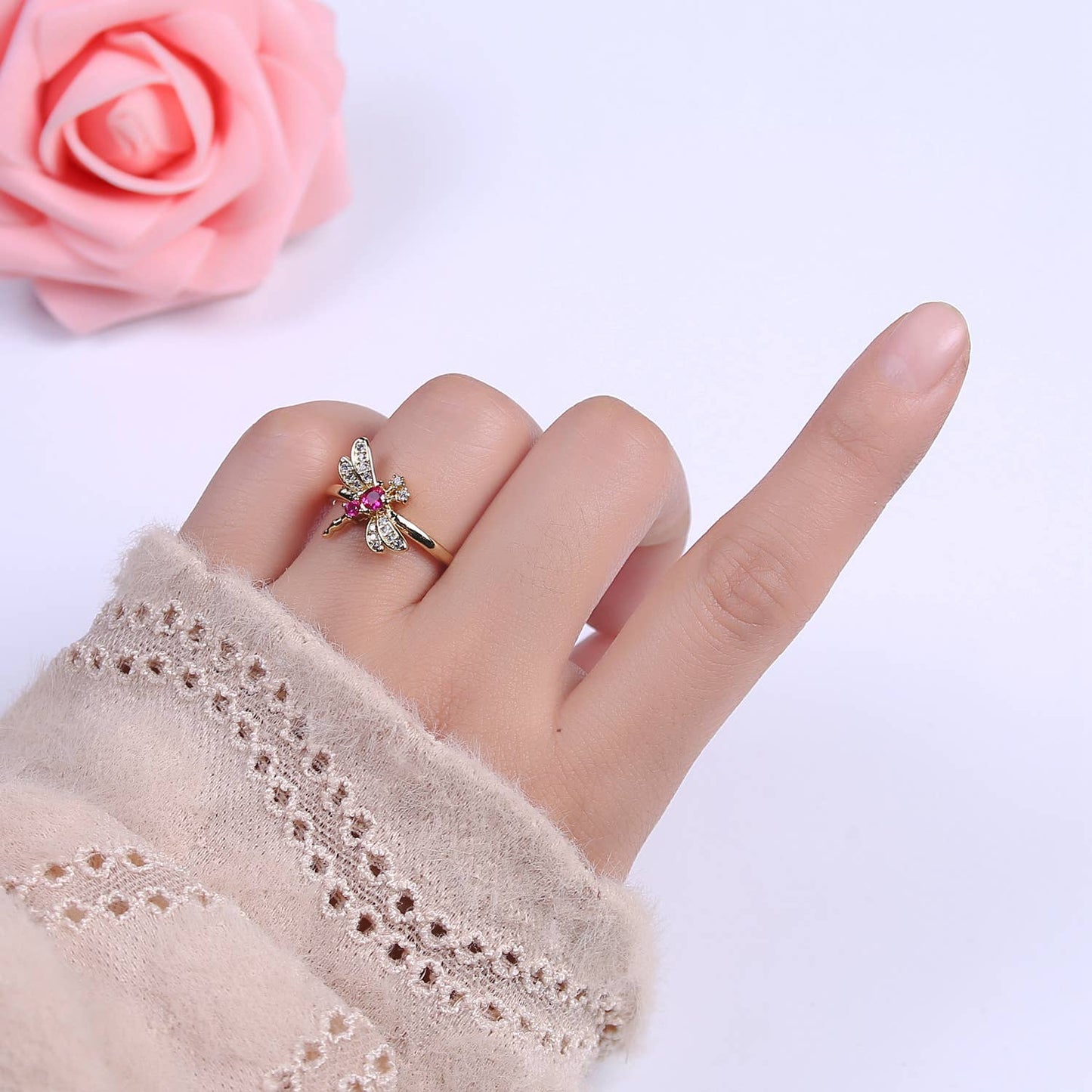 Elegant Fuchsia CZ Stone Dragonfly Gold Minimalist Ring