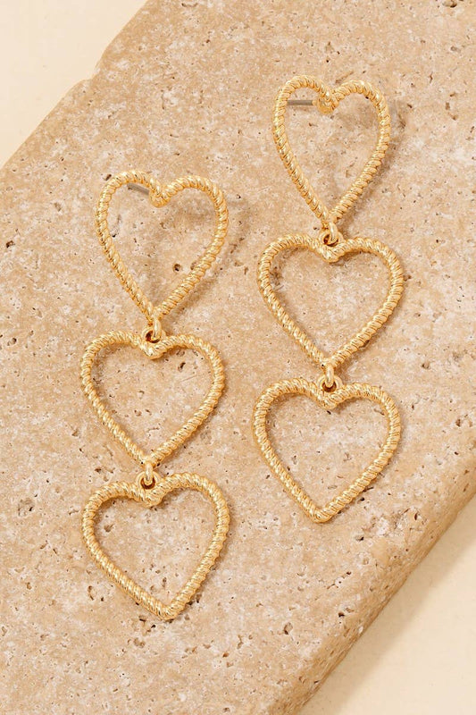 Triple Textured Heart Dangle Chain Earrings