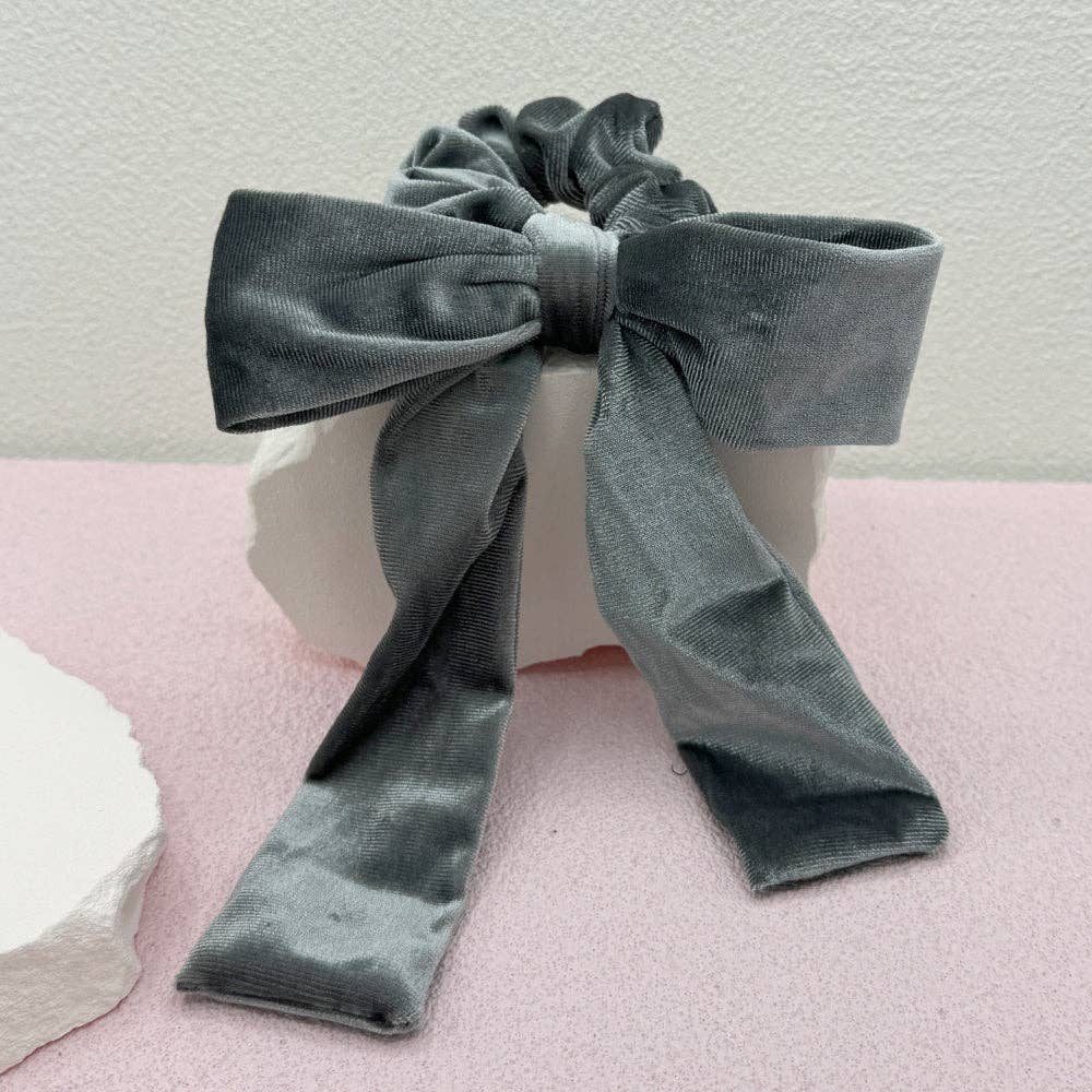 Silver Velvet Bow Scrunchie | Hair Tie