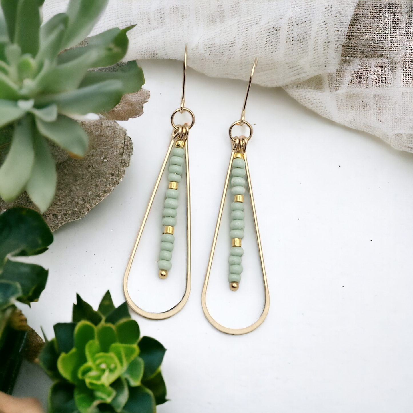 Long Gold Teardrop Hoop Earrings with Mint Green Seed Beads