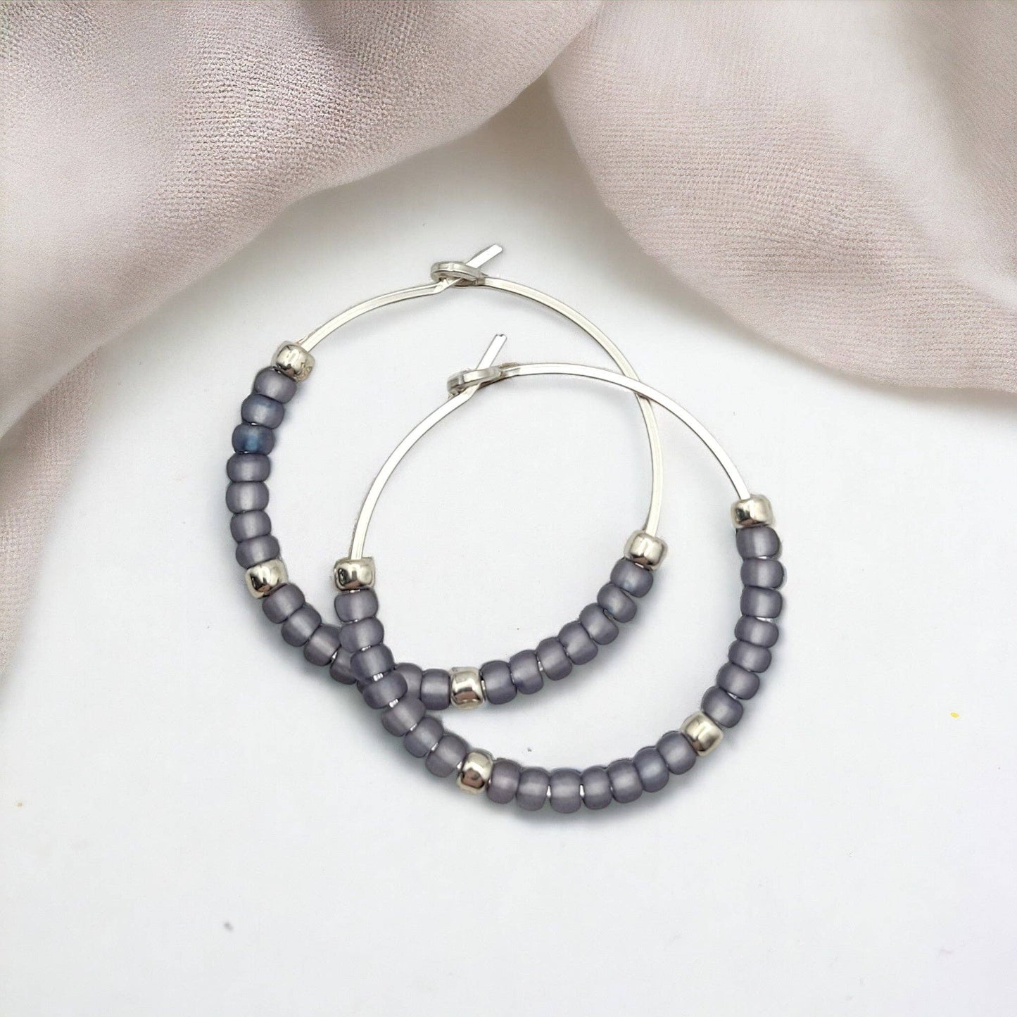 Spring Sterling Silver Hoop Earrings with Purple Seed Beads