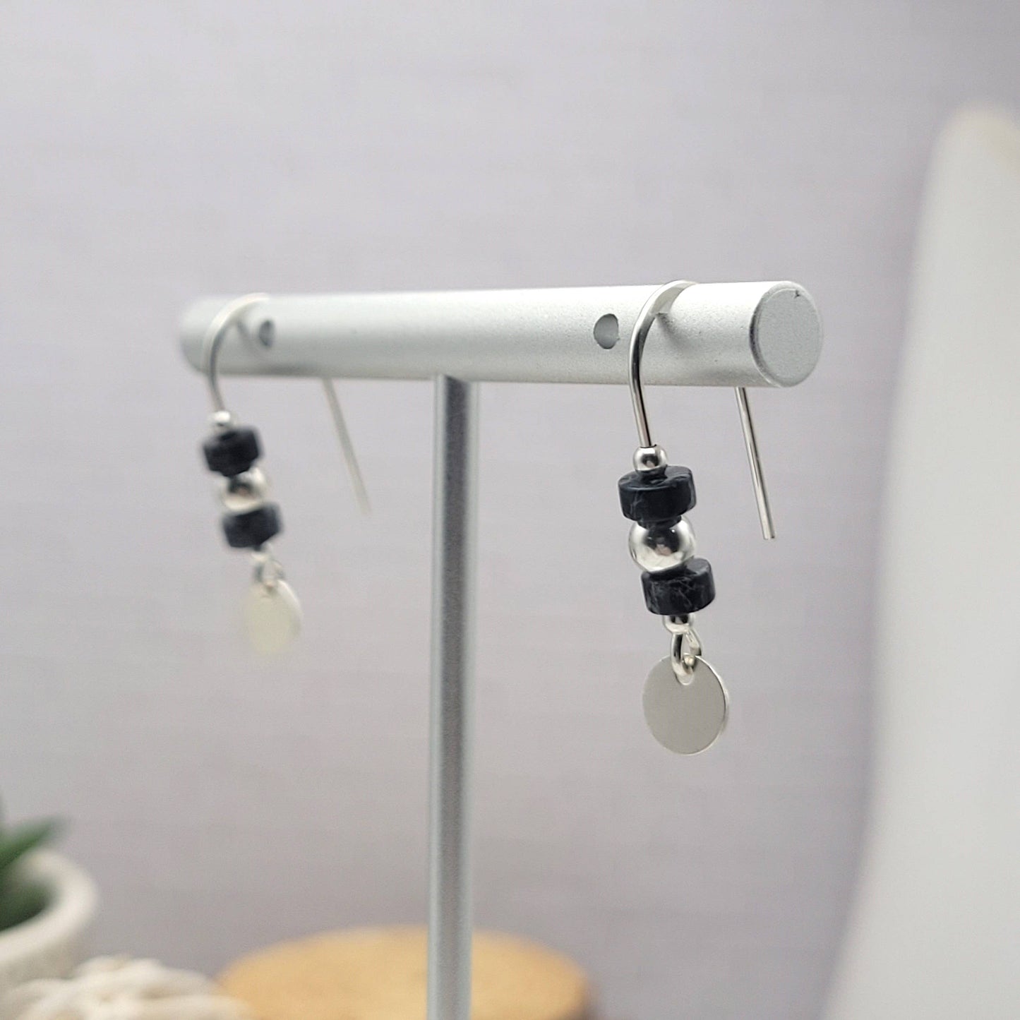 Small Sterling Silver and Black Jasper Dangle Earrings