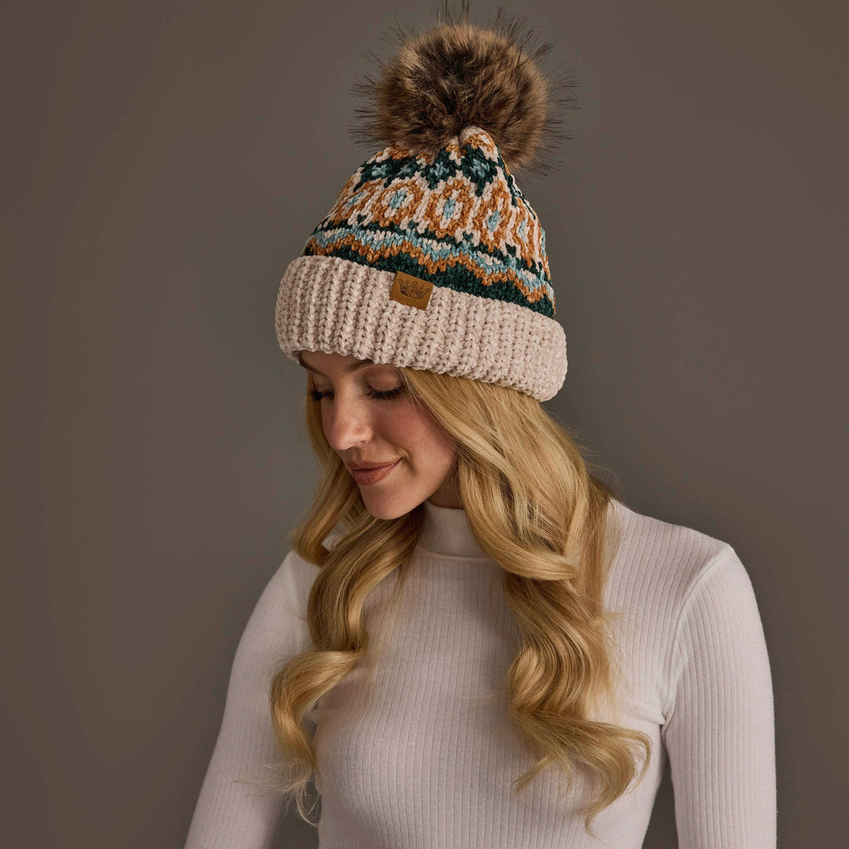 Beige & Multicolored Patterned Chenille Pom Hat
