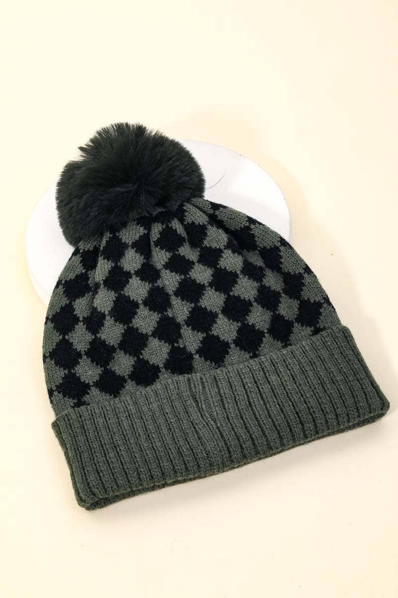 Checkered Pattern Pom Beanie