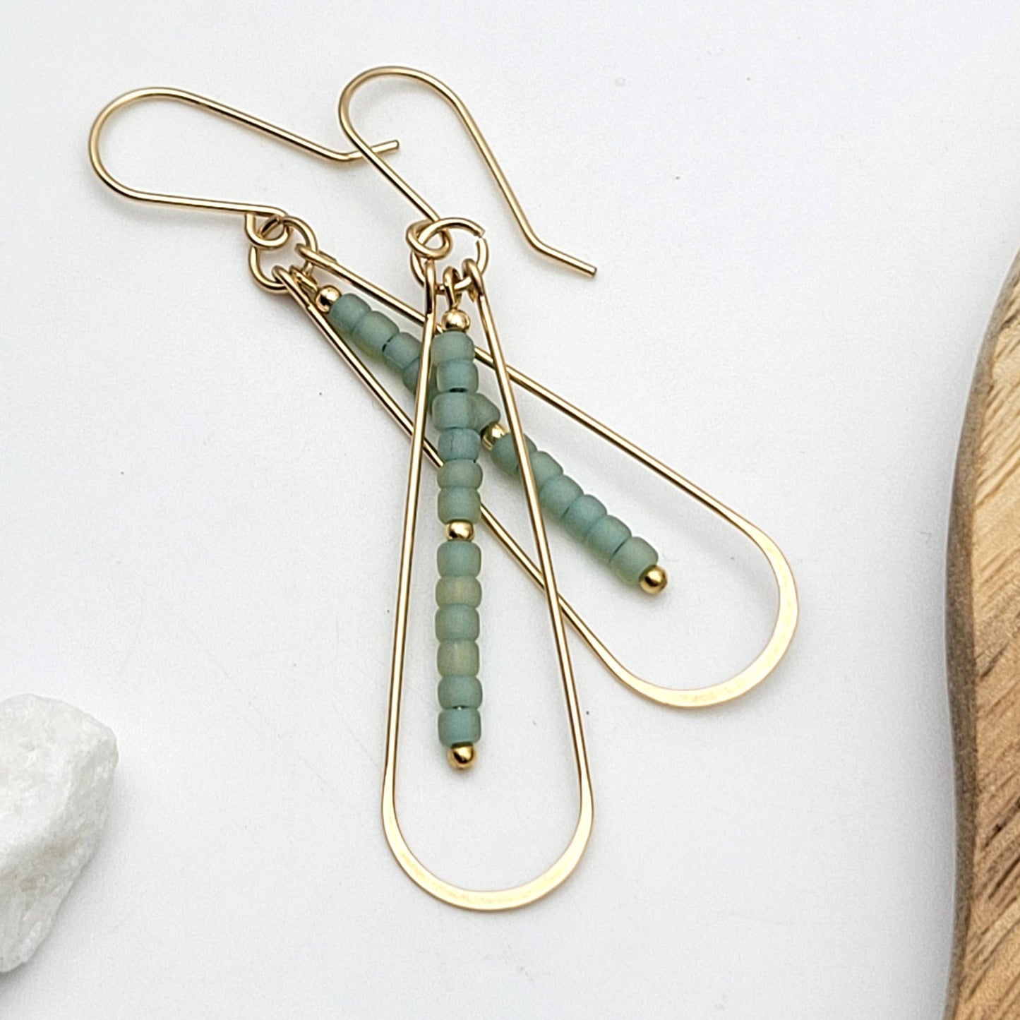 Long 14k Gold Filled Hoop Earrings with Sea Glass Green Bead