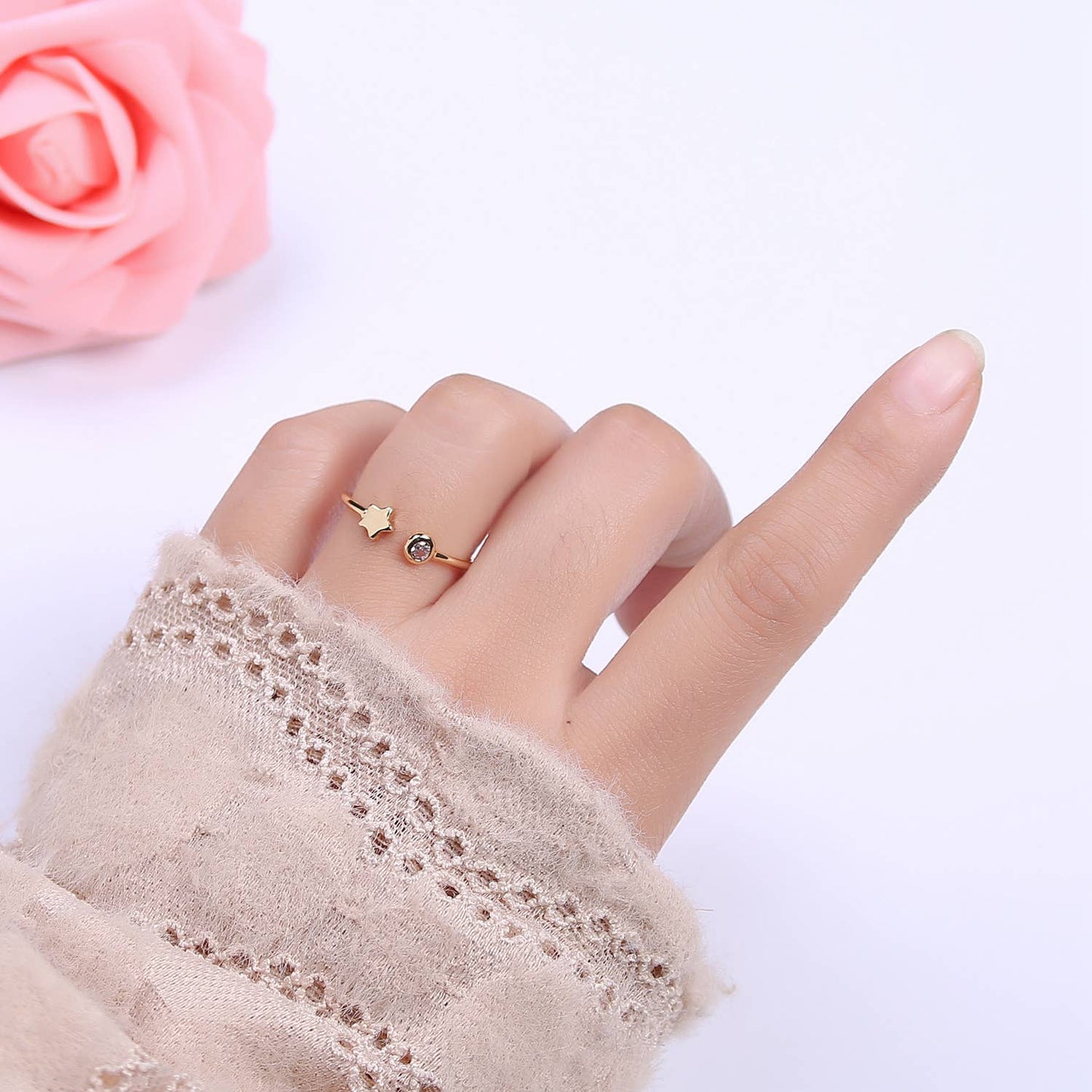 Dainty Celestial Mini Star & CZ Stone Adjustable Open Ring