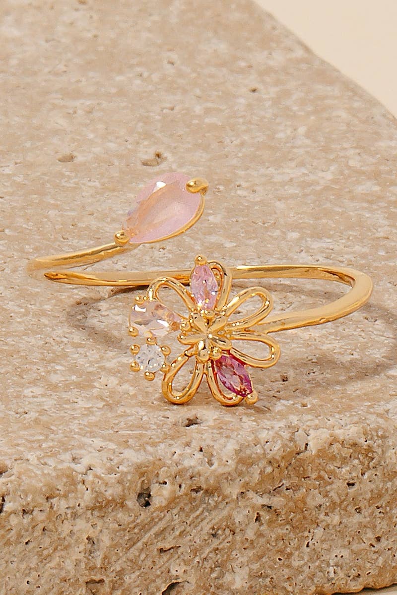 Oval And Floral Cz Studs Open Band Ring