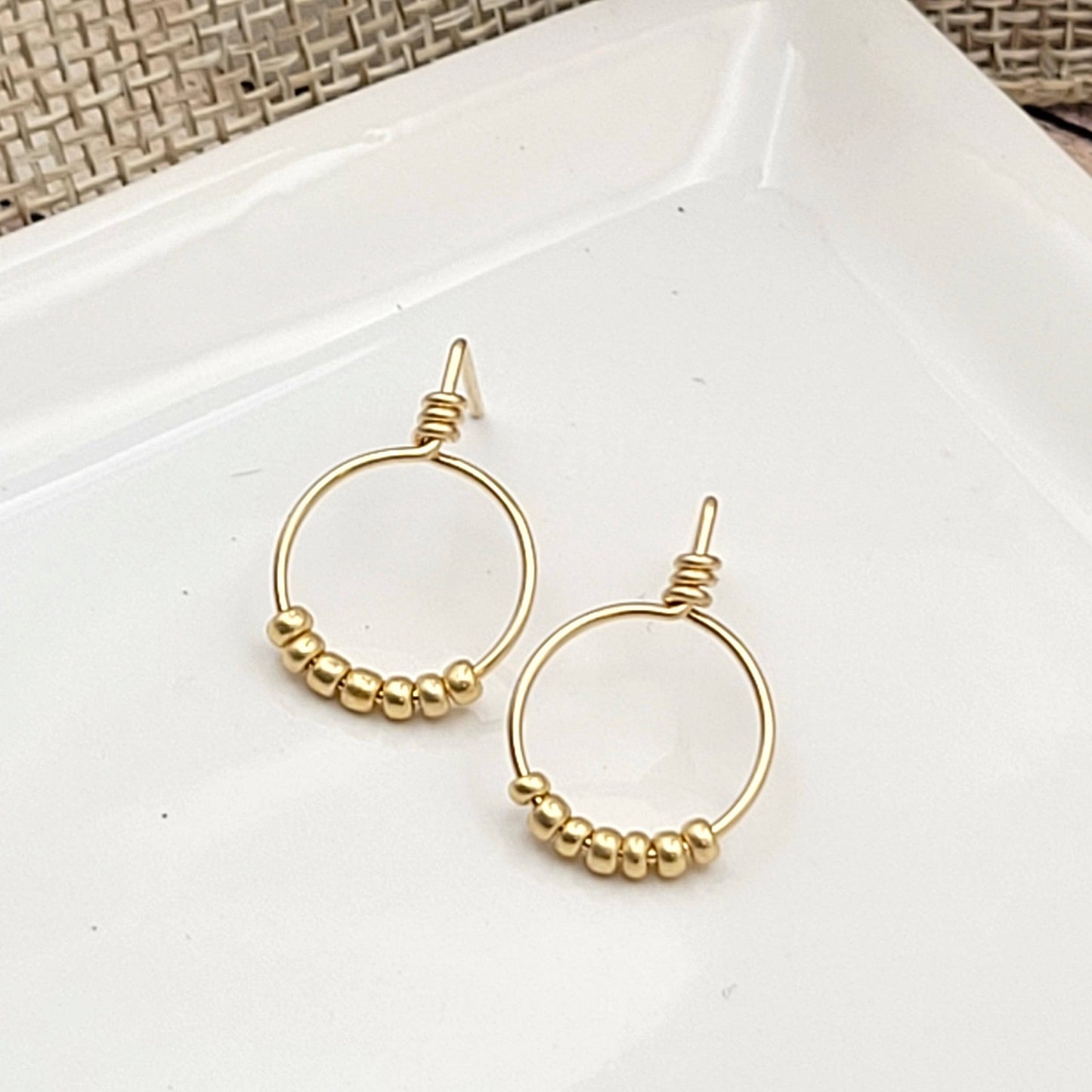 14k Gold Small Beaded Hoops