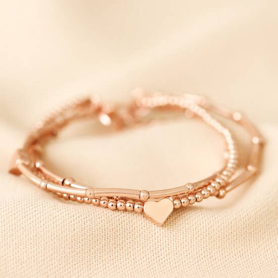 Heart Beaded Triple Layered Bracelet in Rose Gold