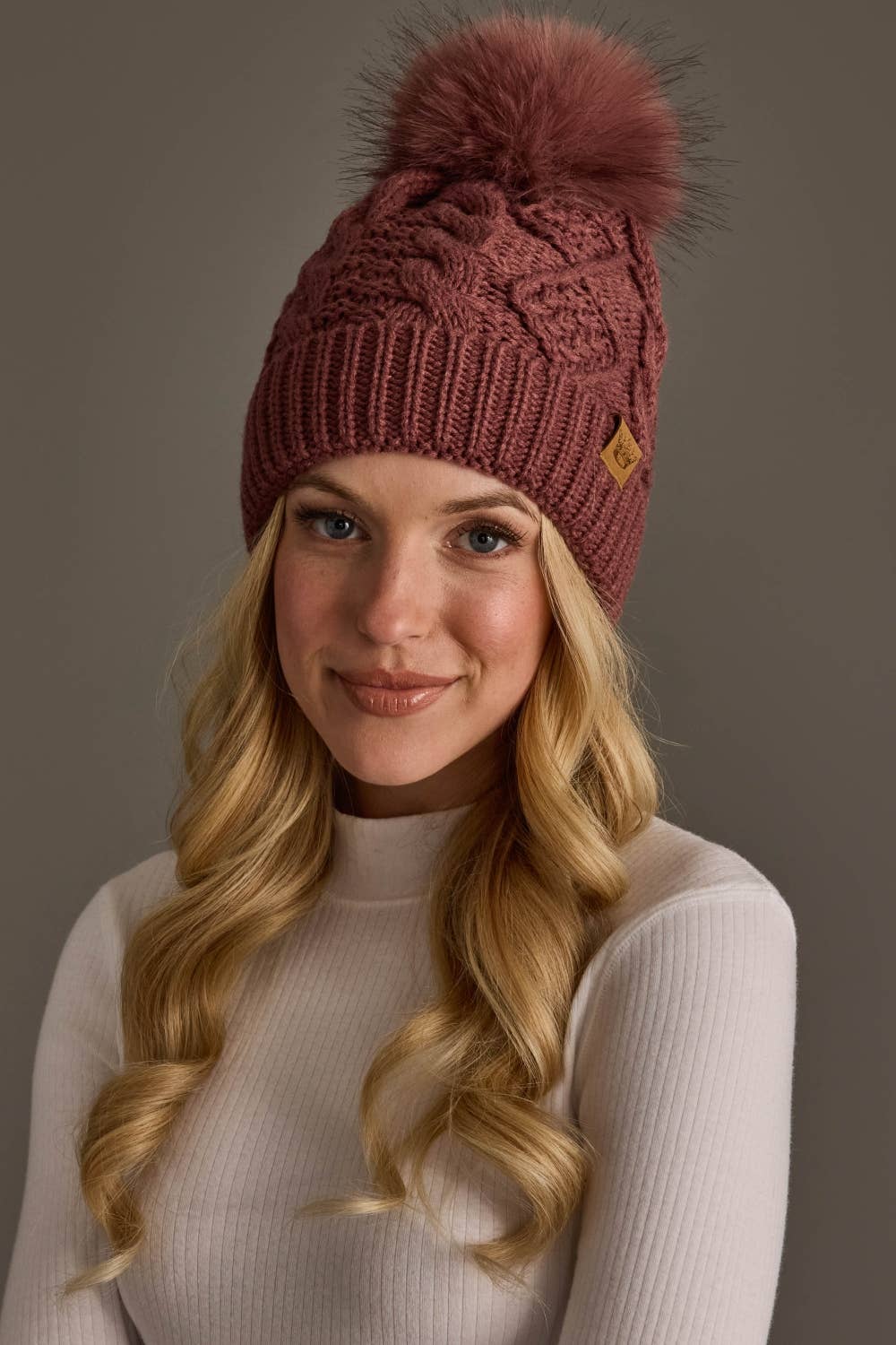 Dk. Pink Cable Knit Hat with Dk. Pink Pom