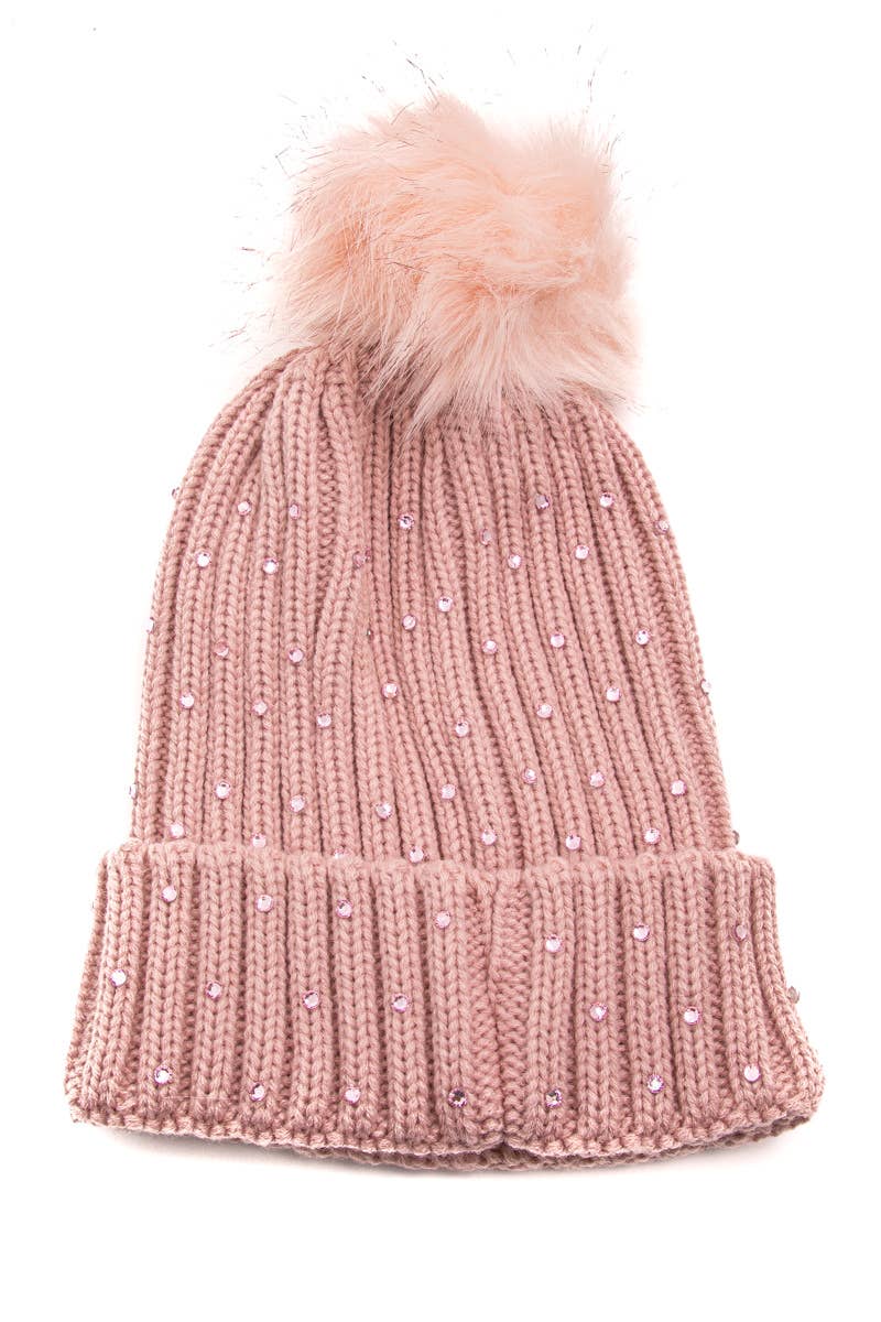 Crochet Knit Rhinestone Studded Pom Beanie