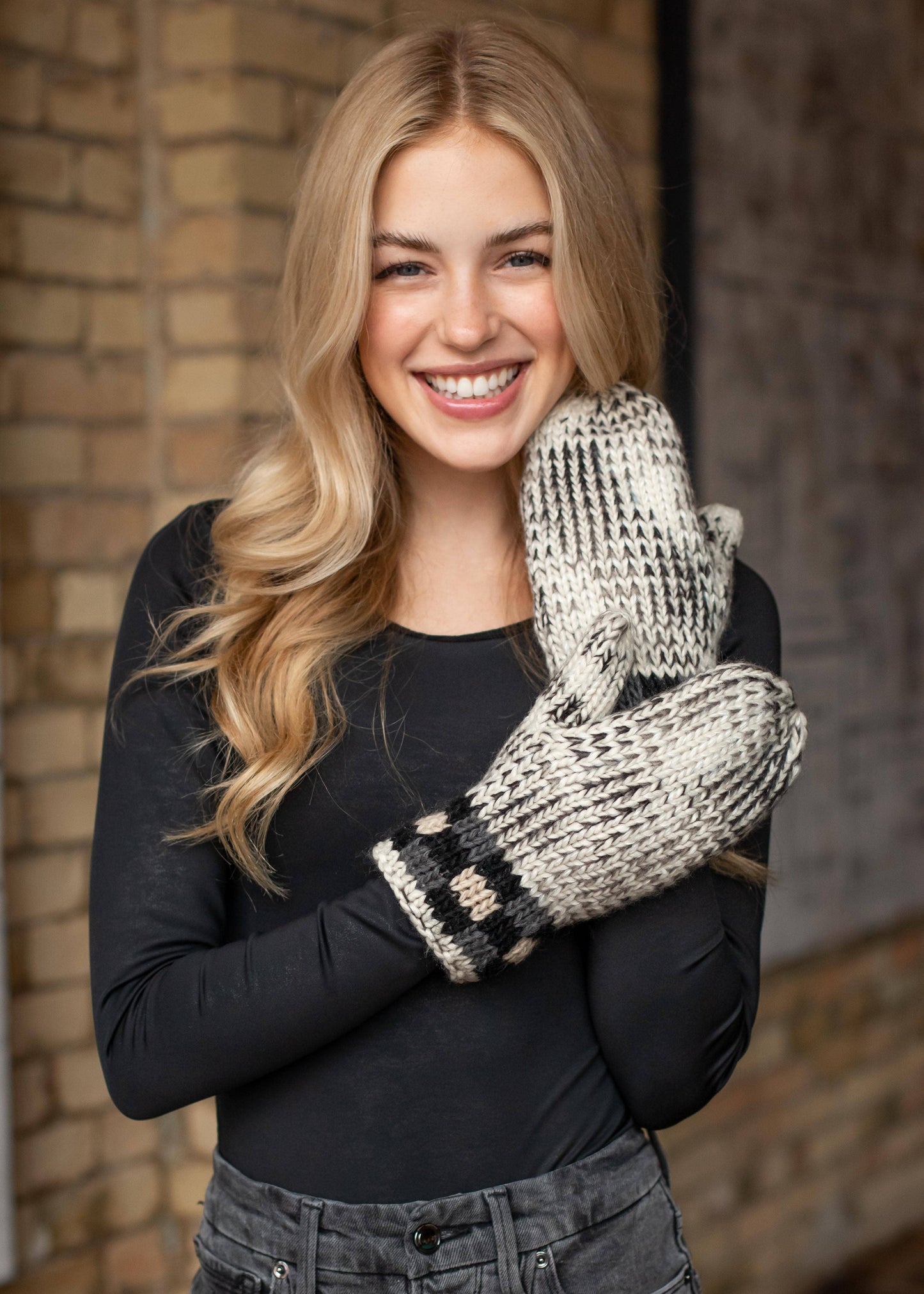 Grey Heather Mittens w/ Grey & Tan Plaid Trim