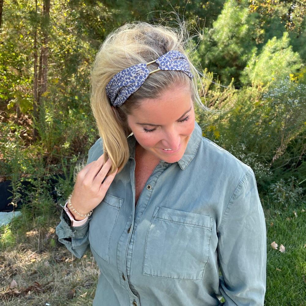 Gold Accent Twist Turban - Jaguar Tan + Periwinkle