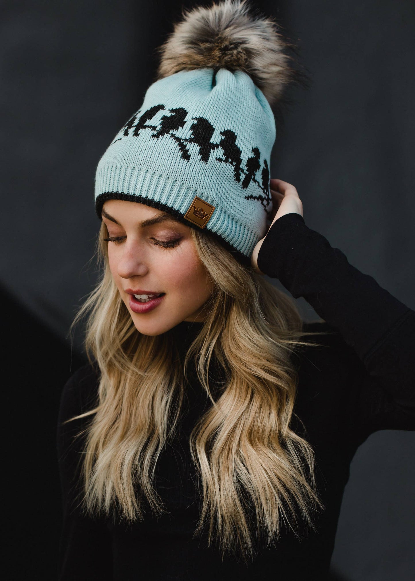 Lt. Blue & Charcoal Bird Pattern Pom Hat