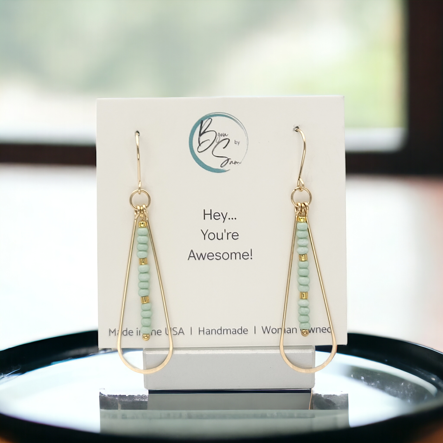 Long Gold Teardrop Hoop Earrings with Mint Green Seed Beads