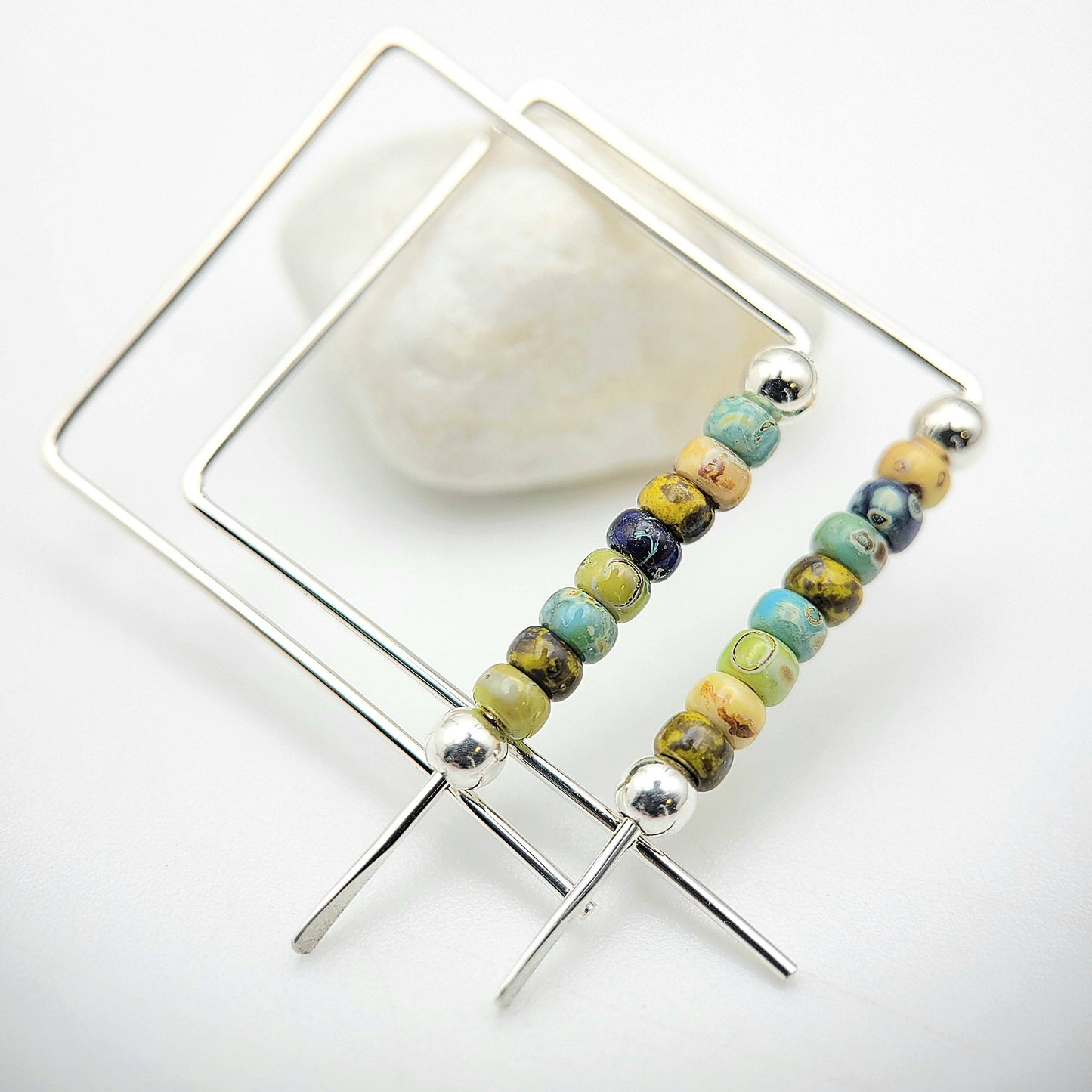 Silver Square Threader Hoops with Spring Colored Beads