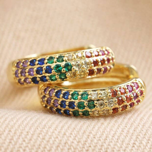 Wide Rainbow Crystal Hoop Earrings in Gold